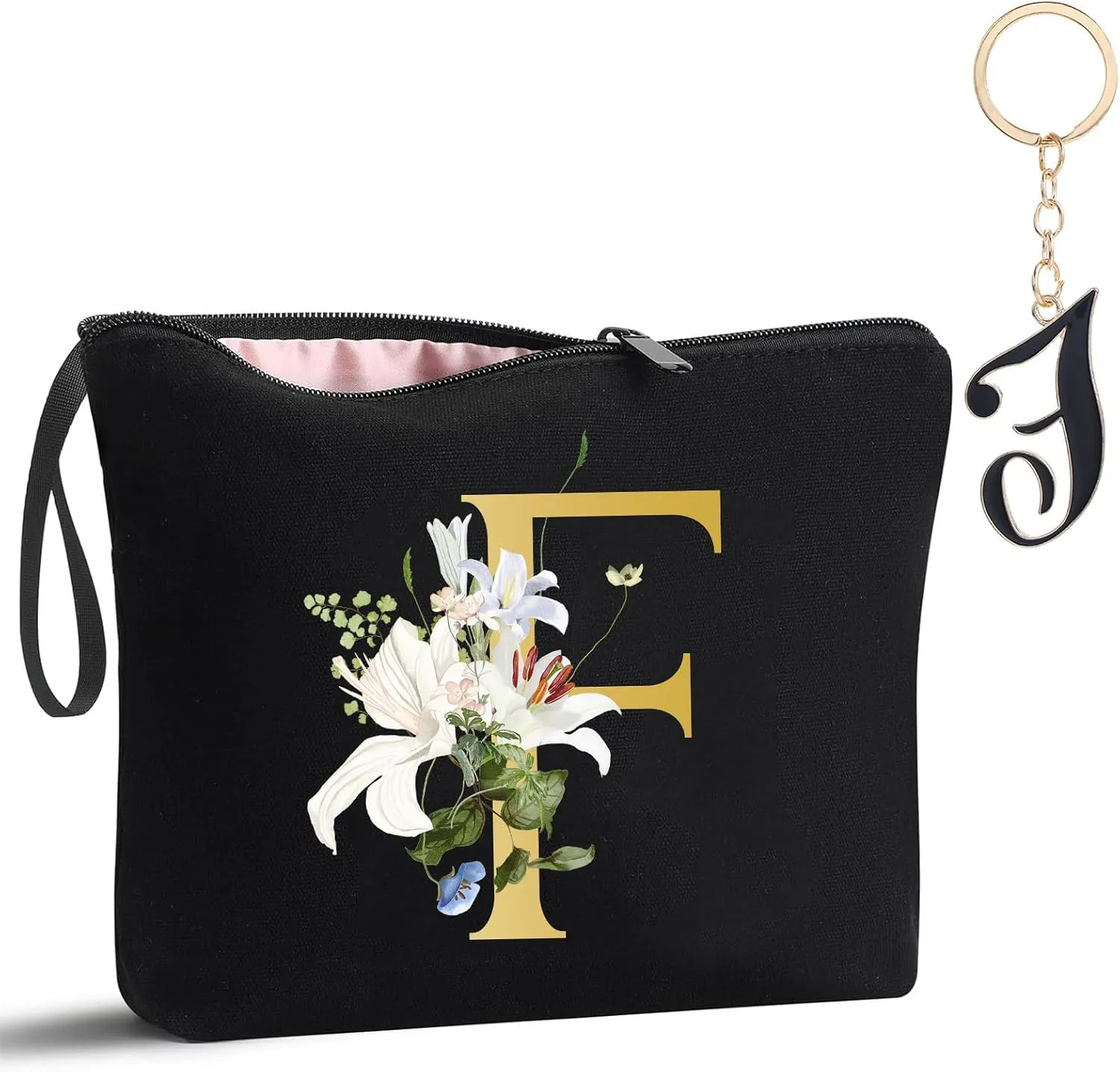 Decorative F Floral Letters Personalized Makeup Bag Bride Bridesmaid Cosmetic Bag Gifts Washable Zippers (Black)