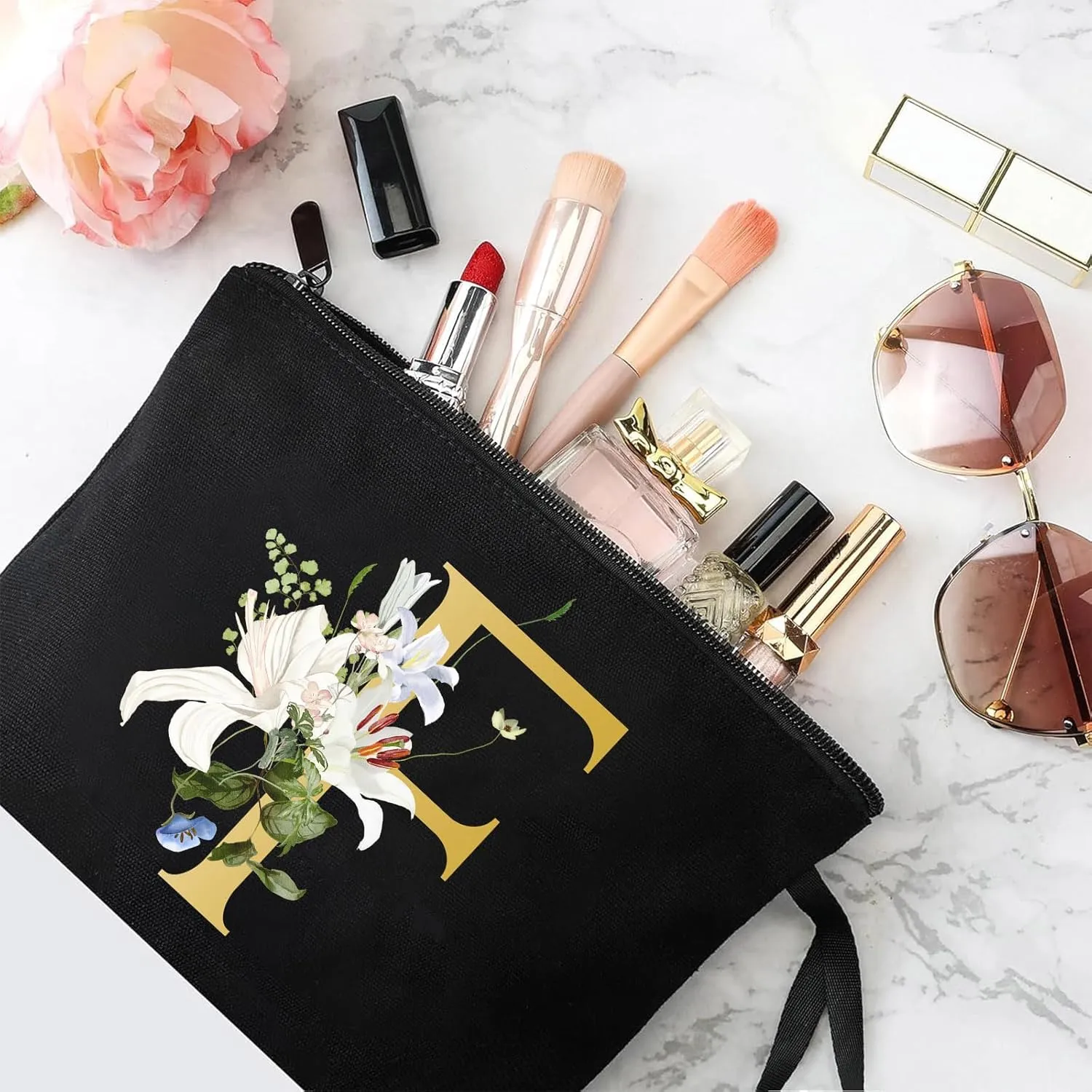 Decorative F Floral Letters Personalized Makeup Bag Bride Bridesmaid Cosmetic Bag Gifts Washable Zippers (Black)