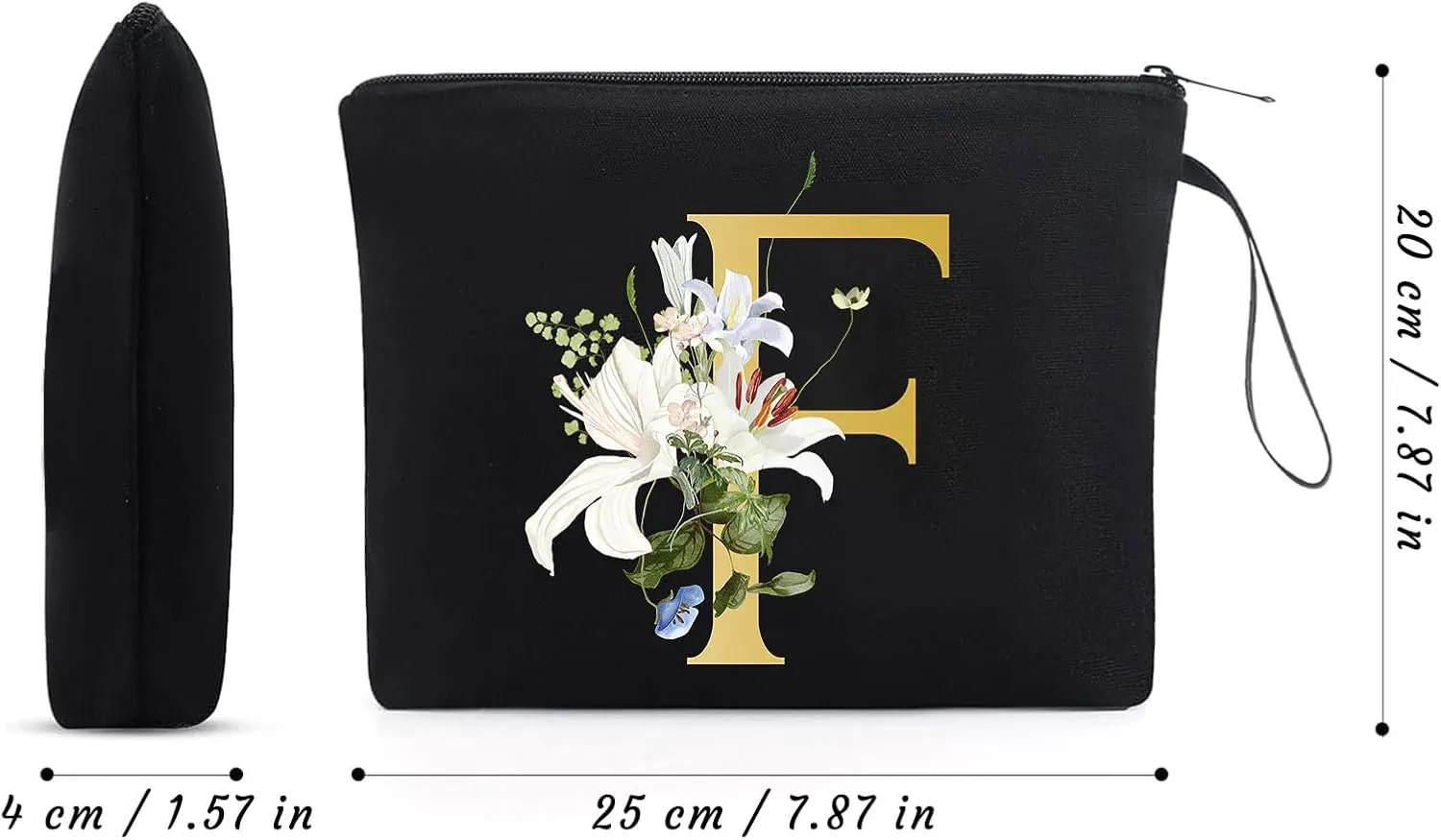 Decorative F Floral Letters Personalized Makeup Bag Bride Bridesmaid Cosmetic Bag Gifts Washable Zippers (Black)
