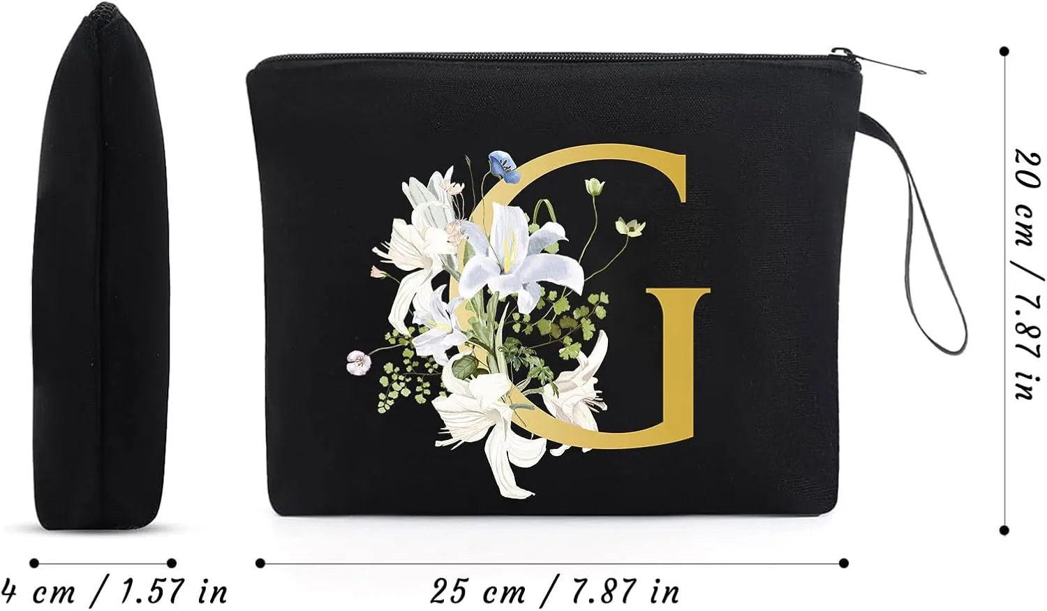 Decorative G Floral Letters Personalized Makeup Bag Bride Bridesmaid Cosmetic Bag Gifts Washable Zippers (Black)