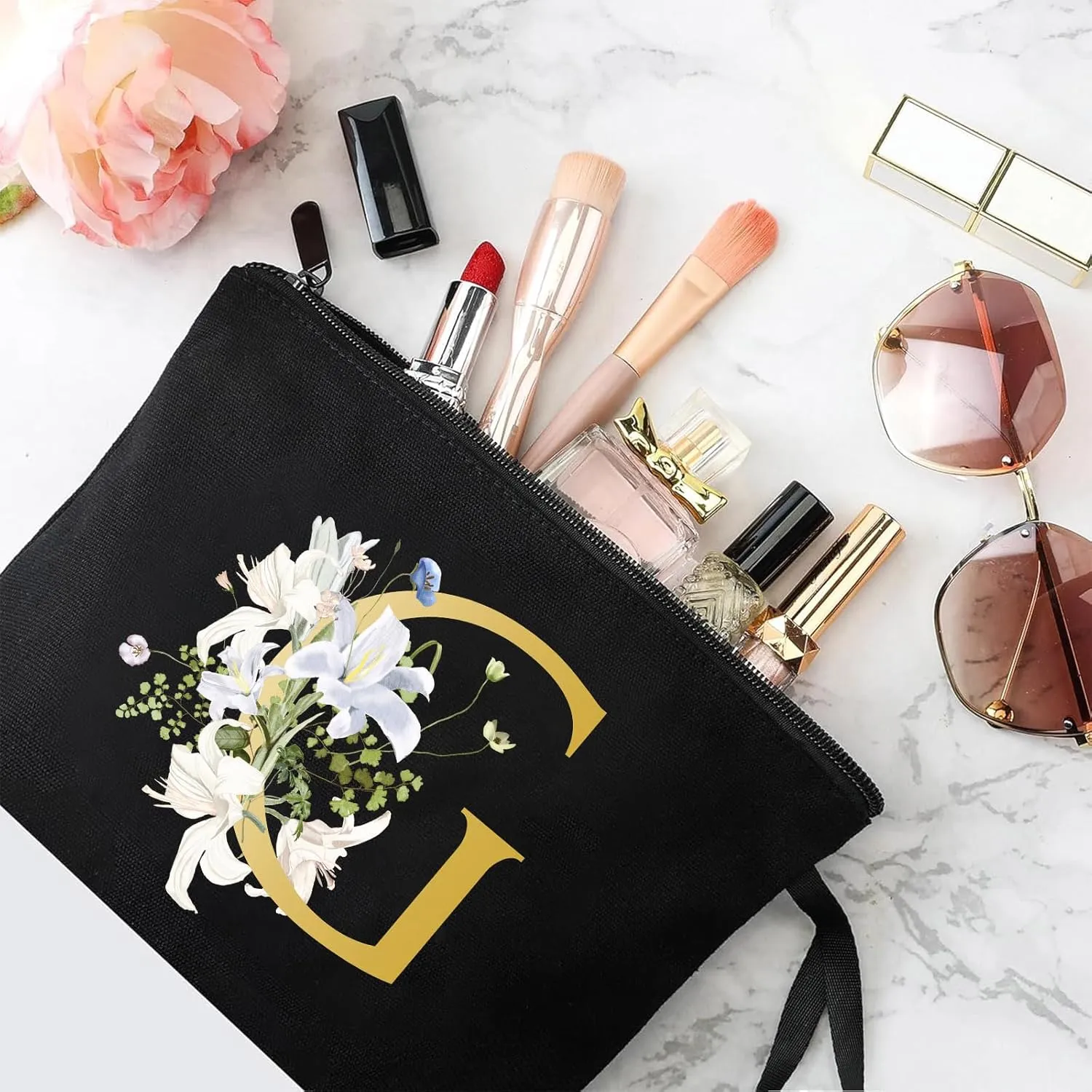 Decorative G Floral Letters Personalized Makeup Bag Bride Bridesmaid Cosmetic Bag Gifts Washable Zippers (Black)