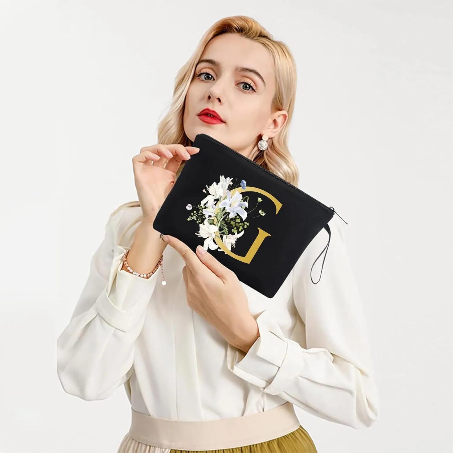 Decorative G Floral Letters Personalized Makeup Bag Bride Bridesmaid Cosmetic Bag Gifts Washable Zippers (Black)