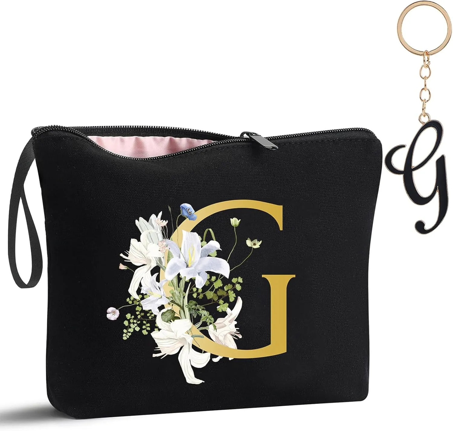 Decorative G Floral Letters Personalized Makeup Bag Bride Bridesmaid Cosmetic Bag Gifts Washable Zippers (Black)