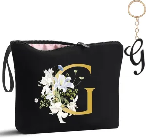 Decorative G Floral Letters Personalized Makeup Bag Bride Bridesmaid Cosmetic Bag Gifts Washable Zippers (Black)
