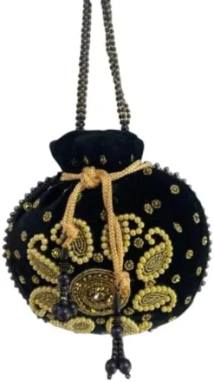 Decorative Velvet Potli Bag  Black with Gold Embroidery & Beaded Closure | Handmade Indian Drawstring Evening Handbag for Weddings & Festivals