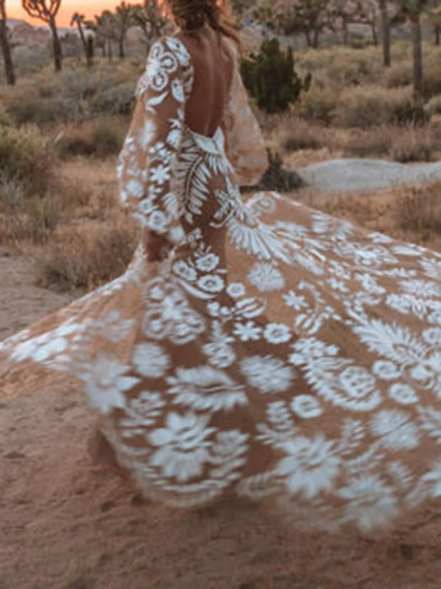 Deep V Mesh Embroidered Puff Sleeve Halter Wedding Dress