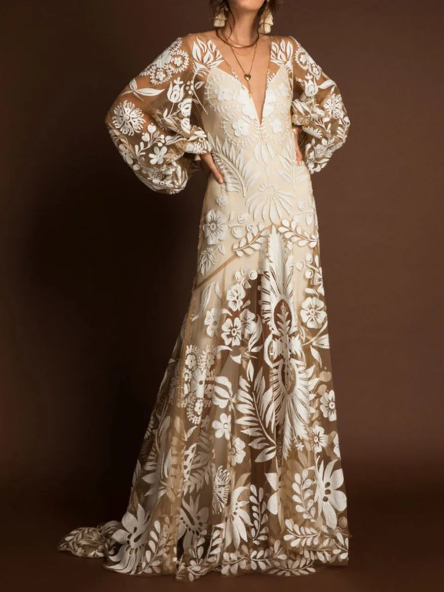 Deep V Mesh Embroidered Puff Sleeve Halter Wedding Dress