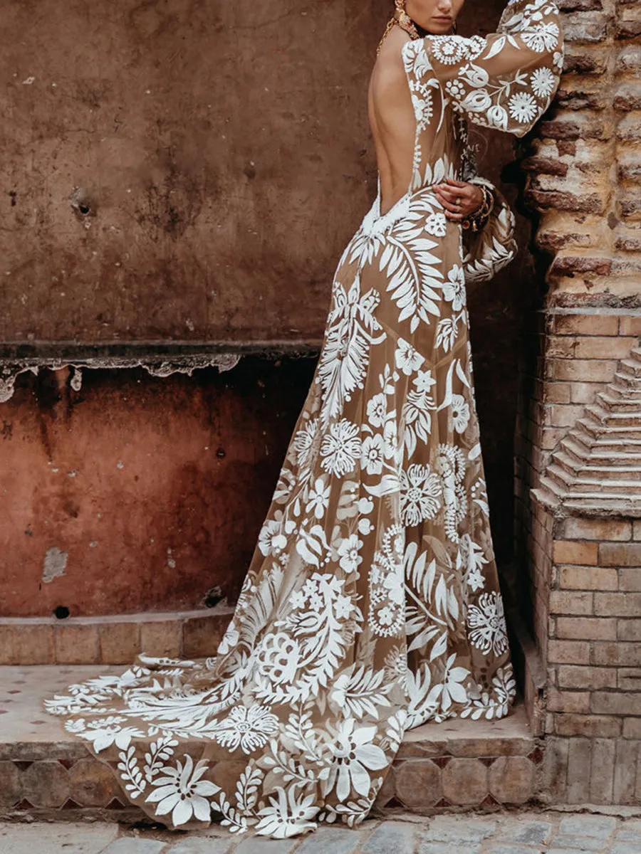 Deep V Mesh Embroidered Puff Sleeve Halter Wedding Dress