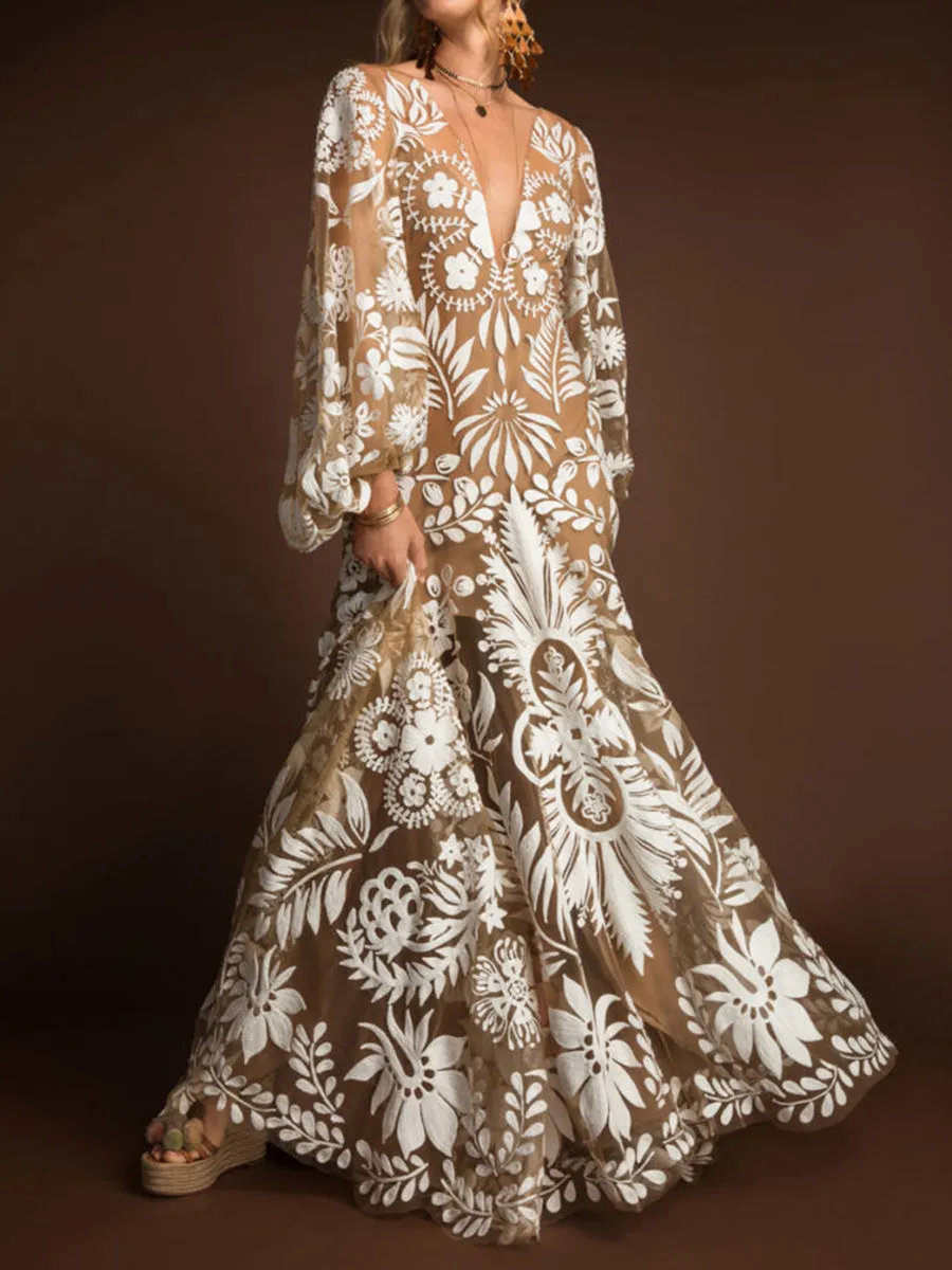 Deep V Mesh Embroidered Puff Sleeve Halter Wedding Dress