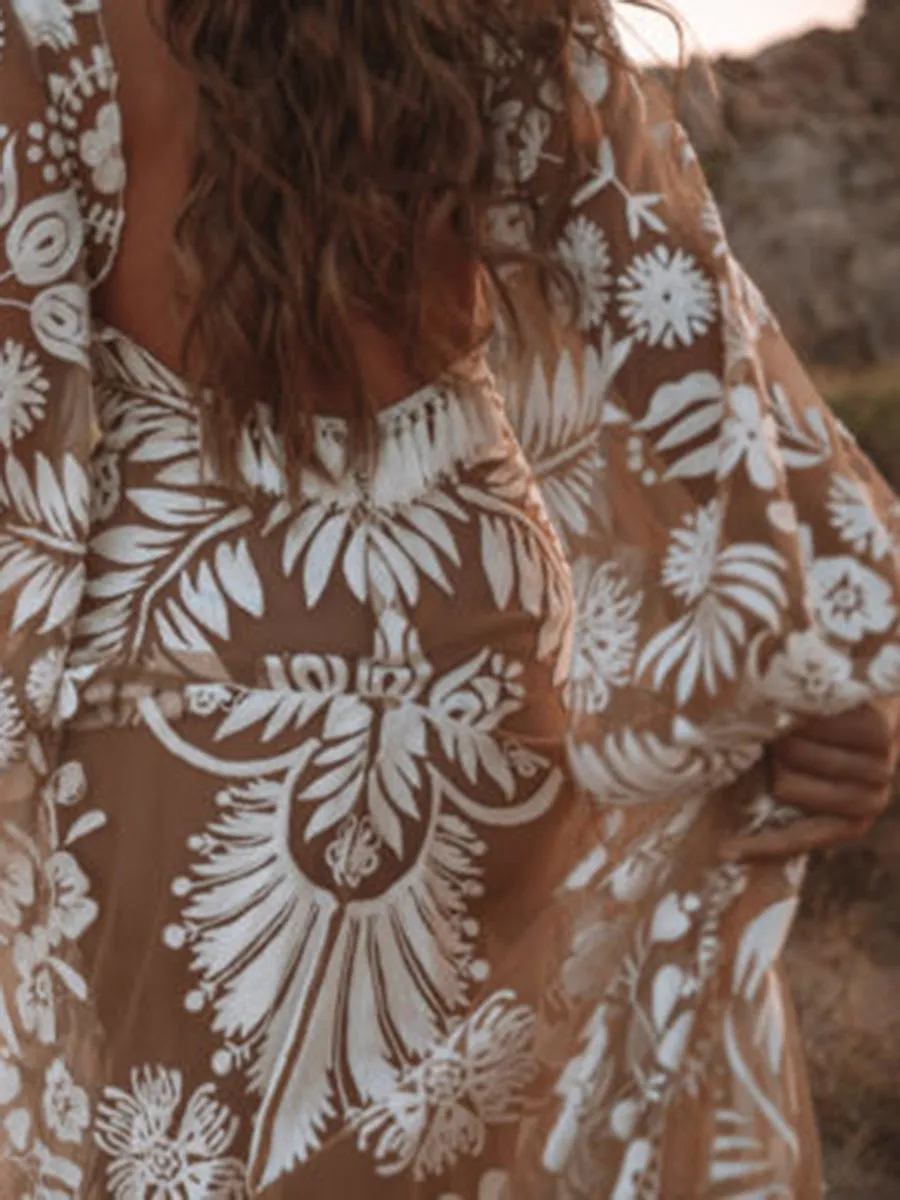 Deep V Mesh Embroidered Puff Sleeve Halter Wedding Dress