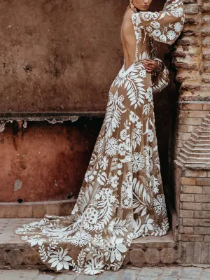 Deep V Mesh Embroidered Puff Sleeve Halter Wedding Dress