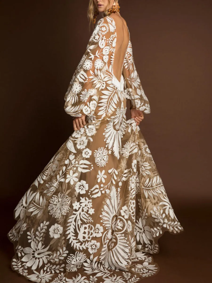 Deep V Mesh Embroidered Puff Sleeve Halter Wedding Dress