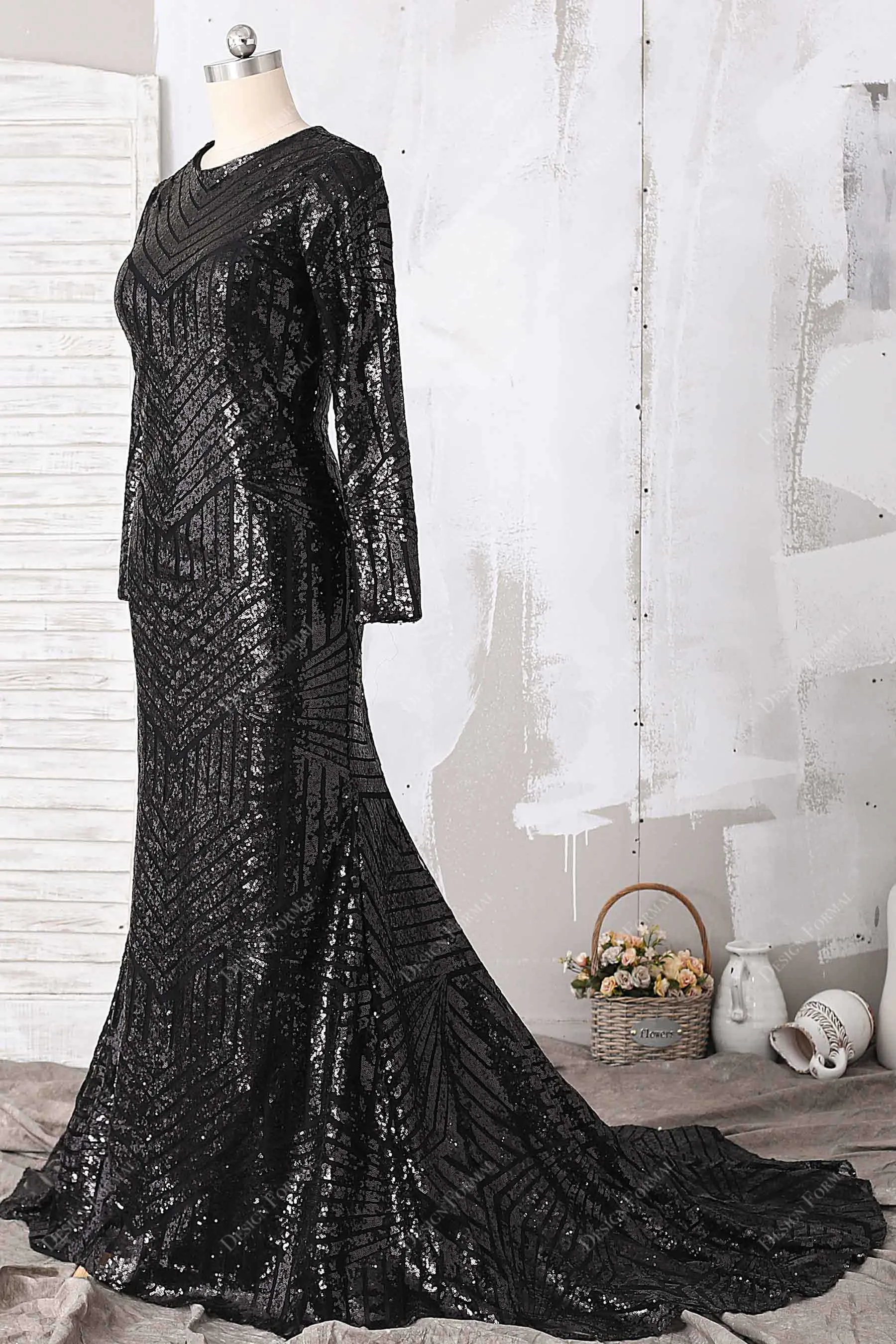 Demure Black Sequin Sleeved Plus Size Mermaid Gown