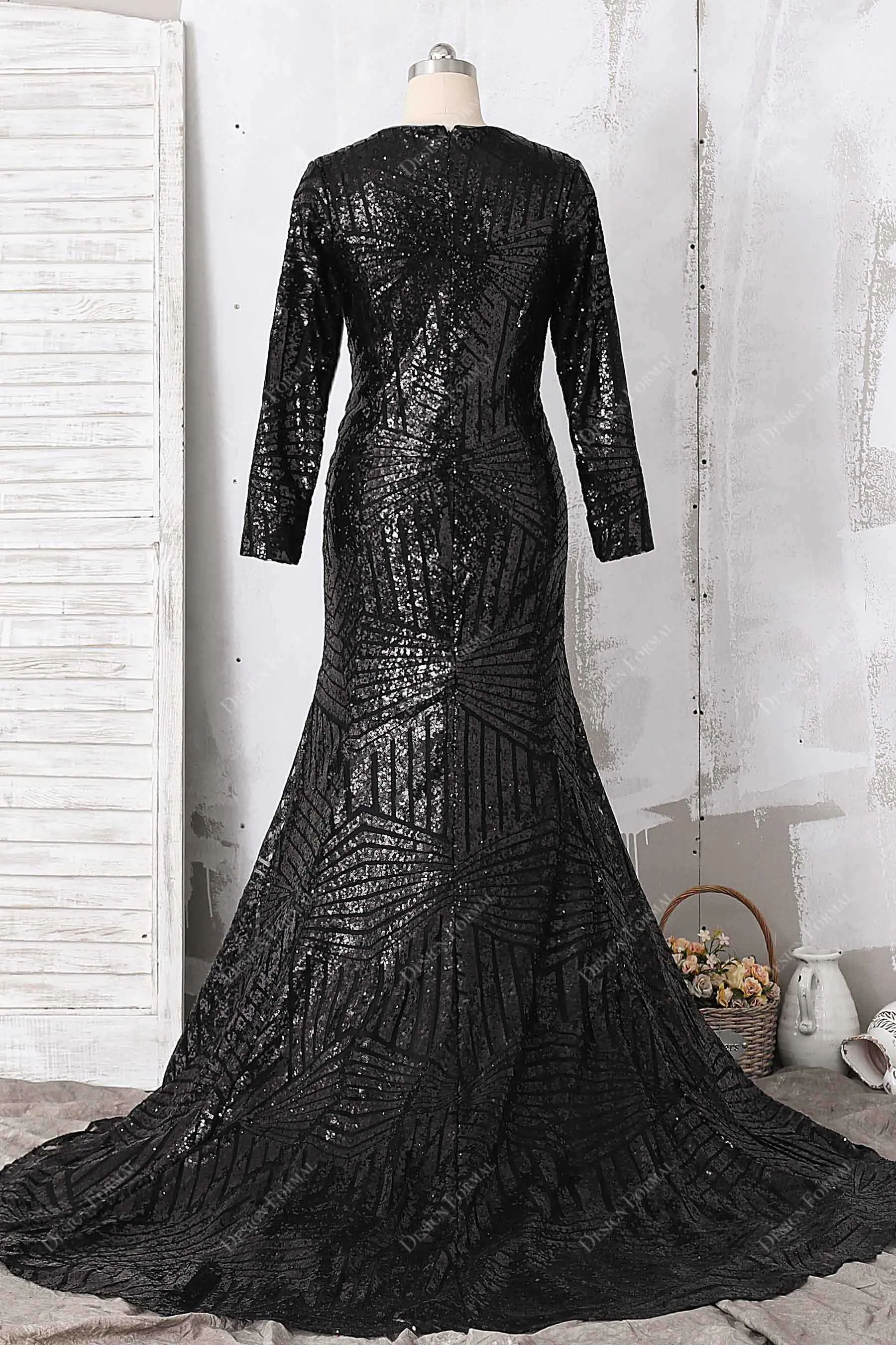 Demure Black Sequin Sleeved Plus Size Mermaid Gown