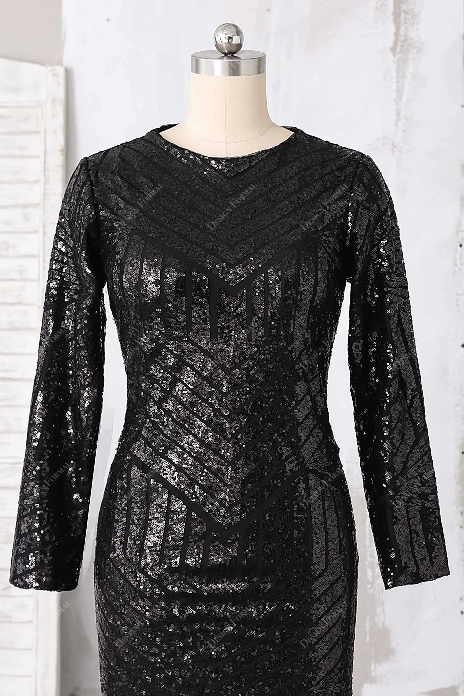 Demure Black Sequin Sleeved Plus Size Mermaid Gown
