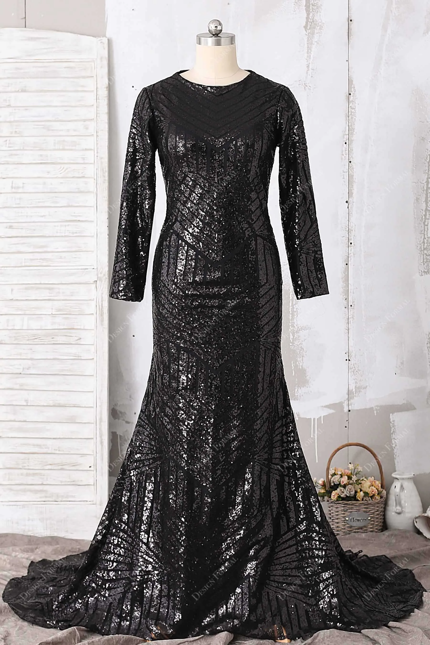 Demure Black Sequin Sleeved Plus Size Mermaid Gown