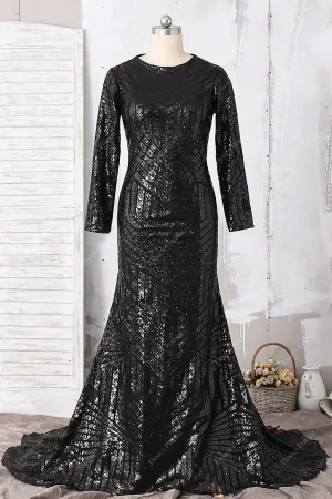 Demure Black Sequin Sleeved Plus Size Mermaid Gown