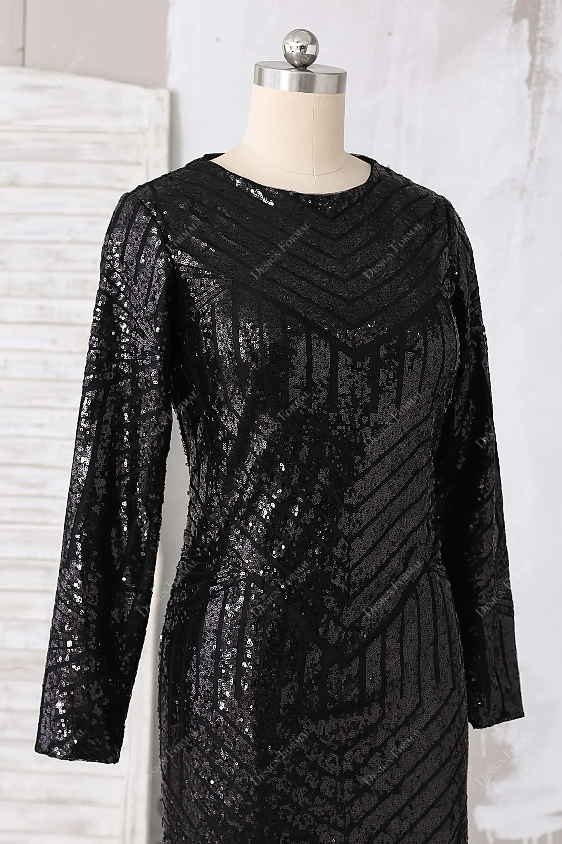 Demure Black Sequin Sleeved Plus Size Mermaid Gown