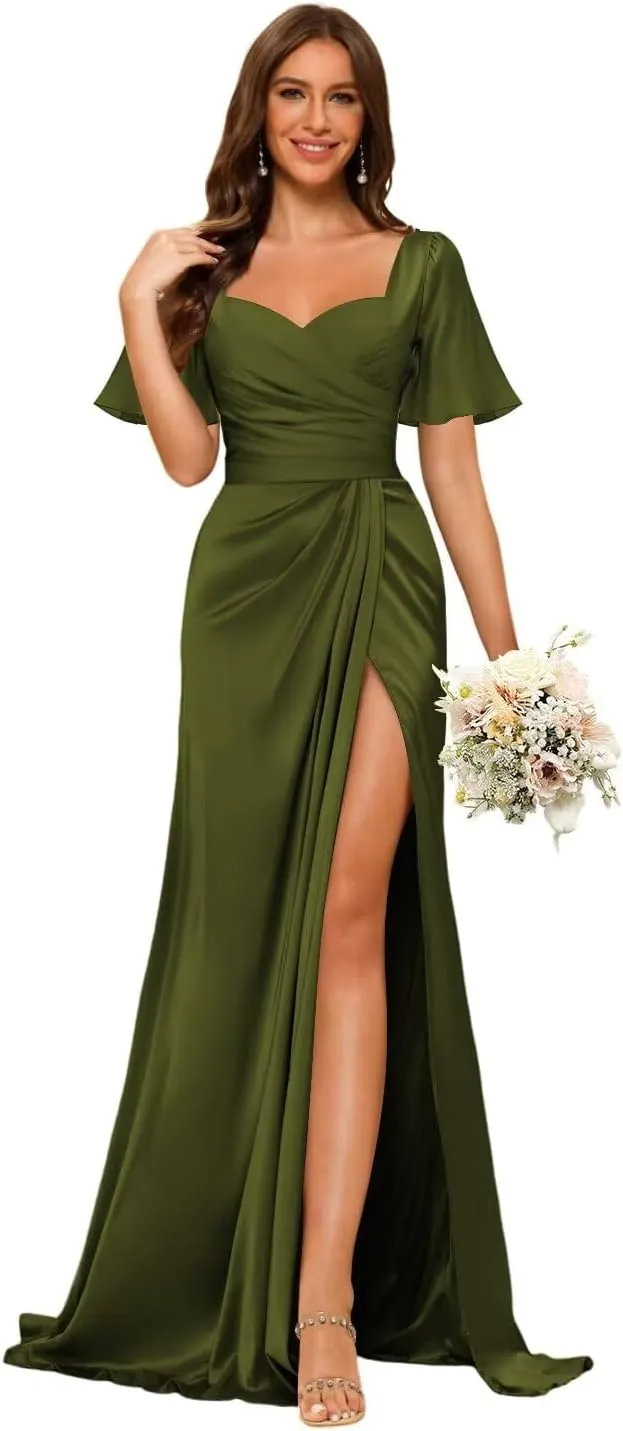 Dessiny Short Sleeves Satin Bridesmaid Dresses for Women with Slit V Neck Pleated Maxi Formal Dress DE232