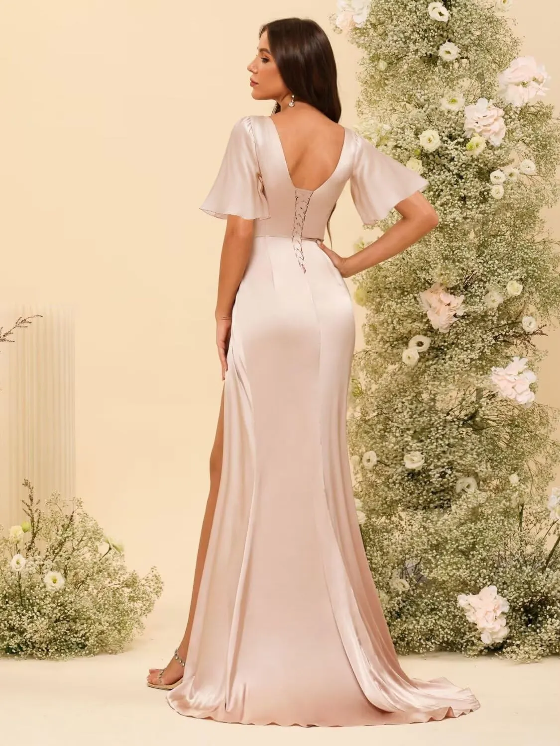 Dessiny Short Sleeves Satin Bridesmaid Dresses for Women with Slit V Neck Pleated Maxi Formal Dress DE232