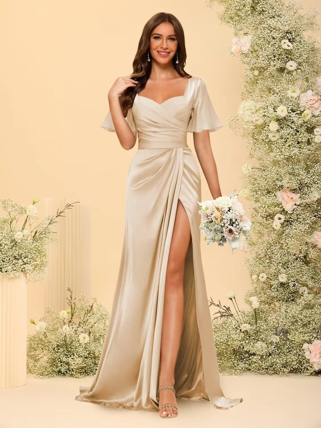 Dessiny Short Sleeves Satin Bridesmaid Dresses for Women with Slit V Neck Pleated Maxi Formal Dress DE232