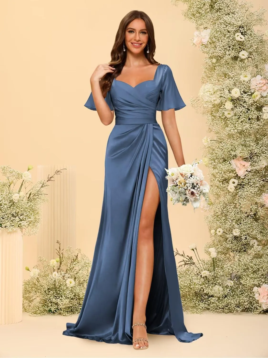 Dessiny Short Sleeves Satin Bridesmaid Dresses for Women with Slit V Neck Pleated Maxi Formal Dress DE232