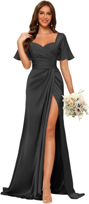Dessiny Short Sleeves Satin Bridesmaid Dresses for Women with Slit V Neck Pleated Maxi Formal Dress DE232
