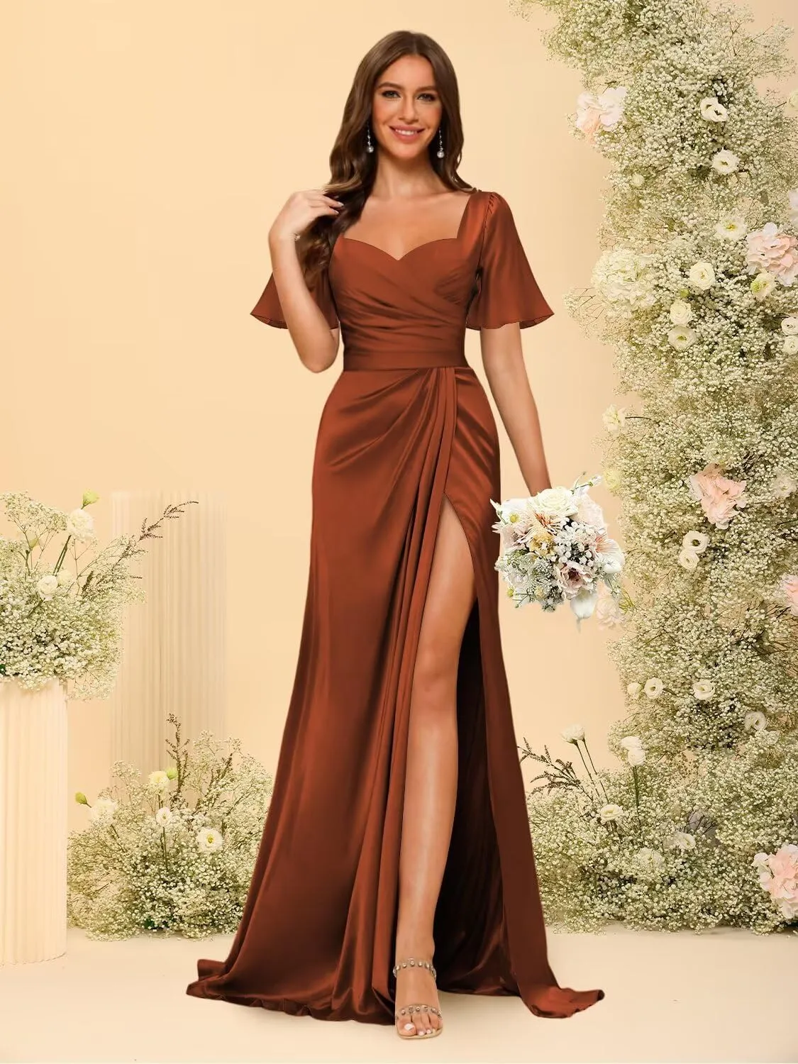 Dessiny Short Sleeves Satin Bridesmaid Dresses for Women with Slit V Neck Pleated Maxi Formal Dress DE232
