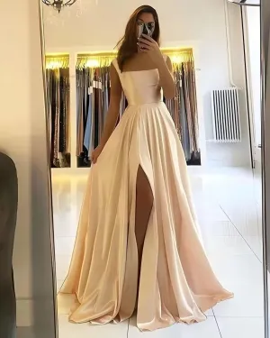 Dessiny Spaghetti Strap Satin Prom Dresses for Women with Slit Square Neck Aline Maxi Formal Dress 2025 DE325
