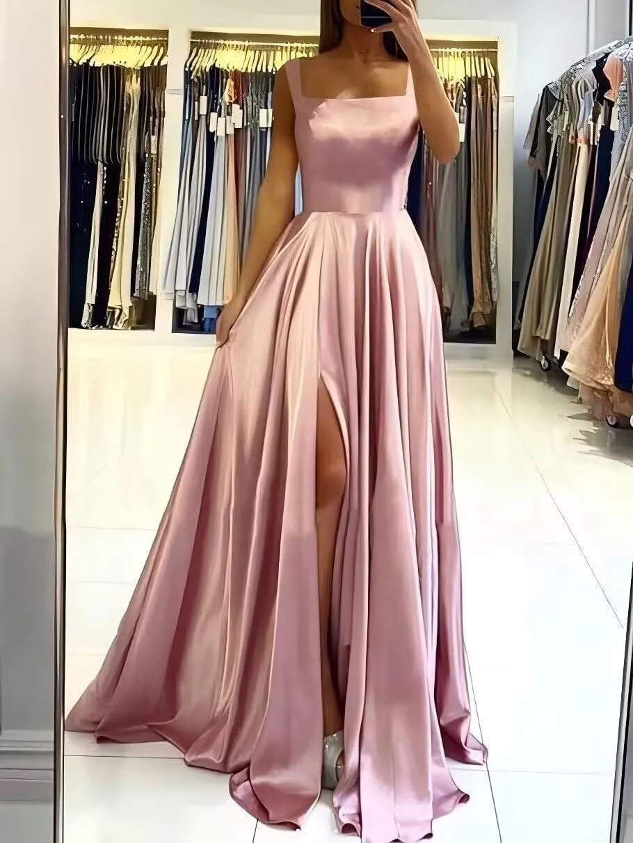 Dessiny Spaghetti Strap Satin Prom Dresses for Women with Slit Square Neck Aline Maxi Formal Dress 2025 DE325