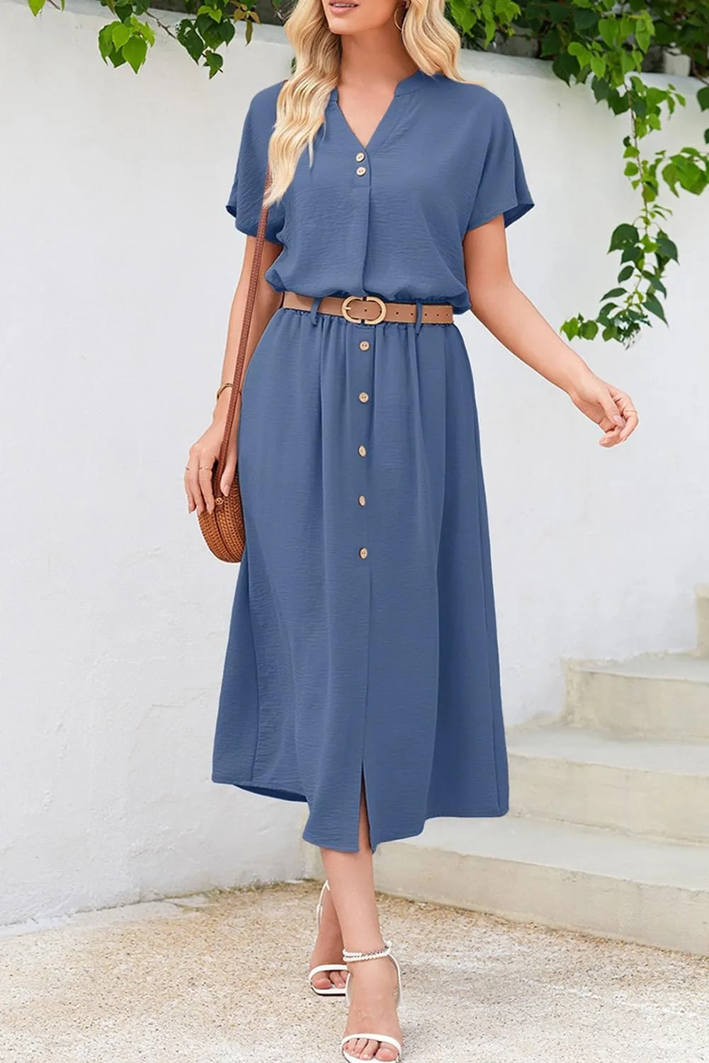 Dokotoo Women's 2 Piece Outfits V Neck Front Split Button Matching Sets for Women Elastic Waist Skirt Sets Women 2025