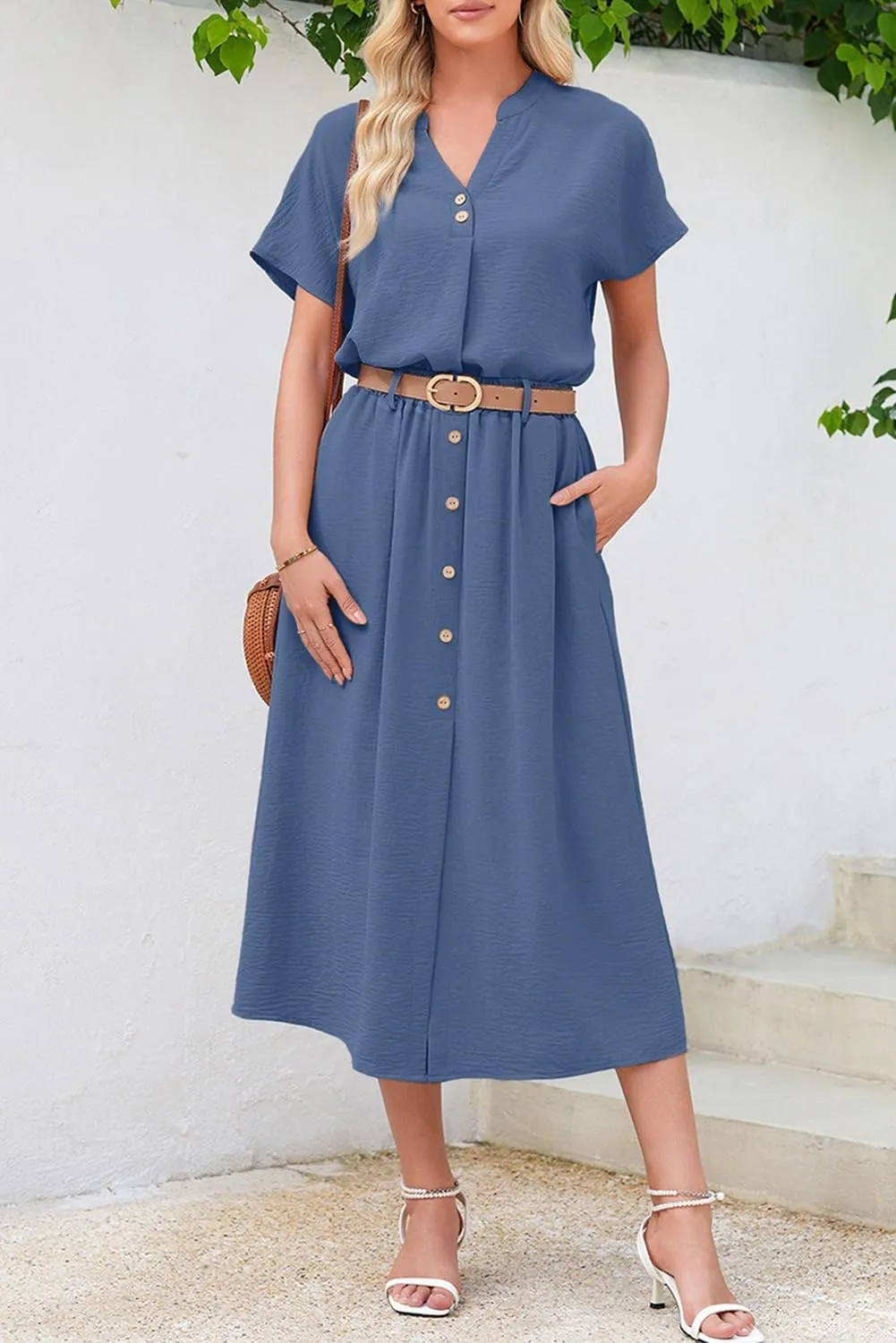 Dokotoo Women's 2 Piece Outfits V Neck Front Split Button Matching Sets for Women Elastic Waist Skirt Sets Women 2025