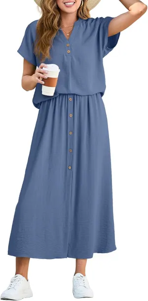 Dokotoo Women's 2 Piece Outfits V Neck Front Split Button Matching Sets for Women Elastic Waist Skirt Sets Women 2025