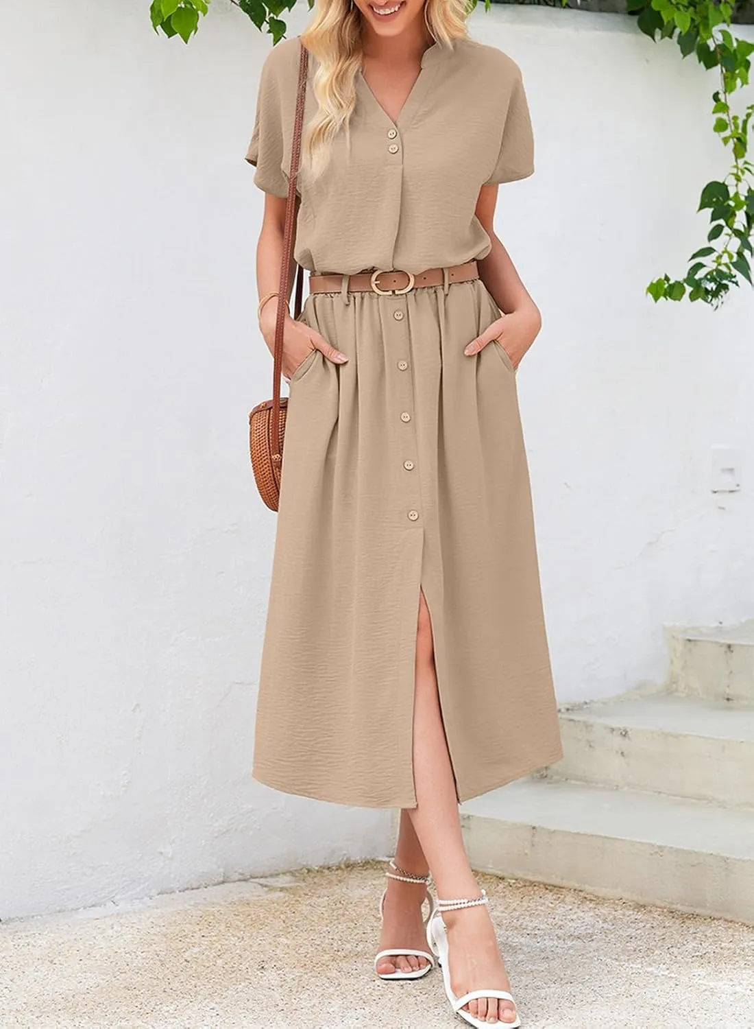 Dokotoo Women's 2 Piece Outfits V Neck Front Split Button Matching Sets for Women Elastic Waist Skirt Sets Women 2025