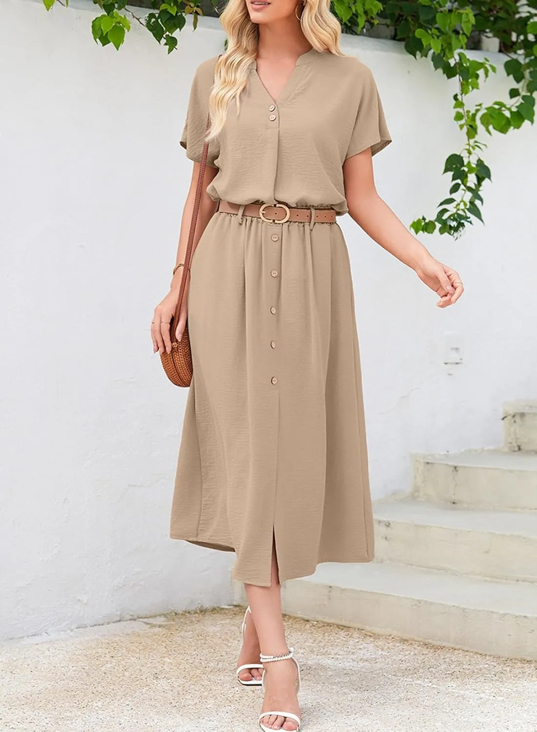 Dokotoo Women's 2 Piece Outfits V Neck Front Split Button Matching Sets for Women Elastic Waist Skirt Sets Women 2025