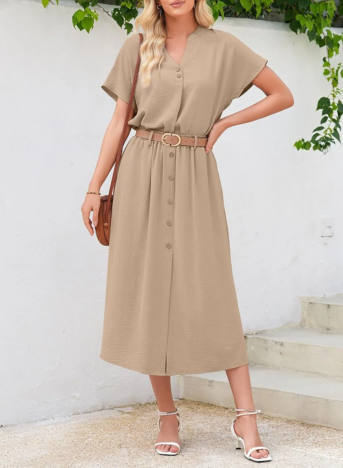 Dokotoo Women's 2 Piece Outfits V Neck Front Split Button Matching Sets for Women Elastic Waist Skirt Sets Women 2025