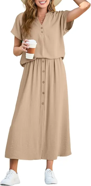 Dokotoo Women's 2 Piece Outfits V Neck Front Split Button Matching Sets for Women Elastic Waist Skirt Sets Women 2025