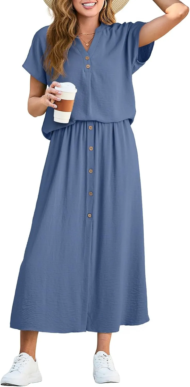 Dokotoo Women's 2 Piece Outfits V Neck Front Split Button Matching Sets for Women Elastic Waist Skirt Sets Women 2025