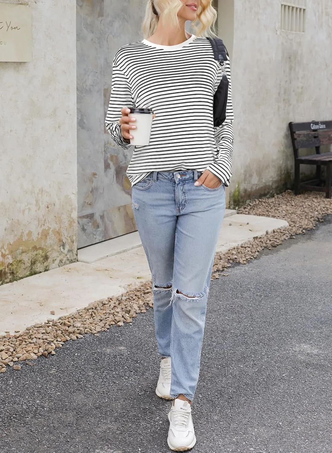 Dokotoo Women's Casual Striped Long Sleeve Tops Crew Neck Knit Basic T Shirts