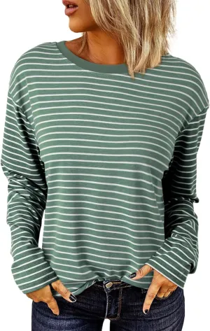 Dokotoo Women's Casual Striped Long Sleeve Tops Crew Neck Knit Basic T Shirts