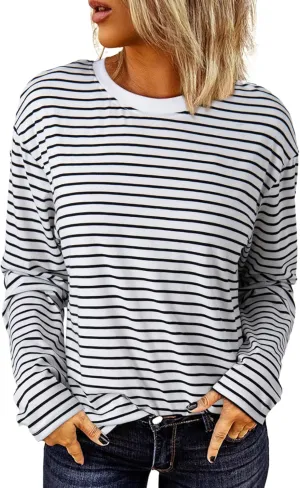 Dokotoo Women's Casual Striped Long Sleeve Tops Crew Neck Knit Basic T Shirts