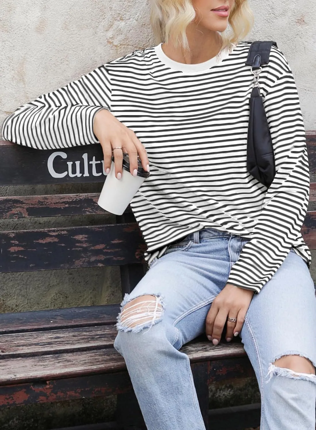Dokotoo Women's Casual Striped Long Sleeve Tops Crew Neck Knit Basic T Shirts