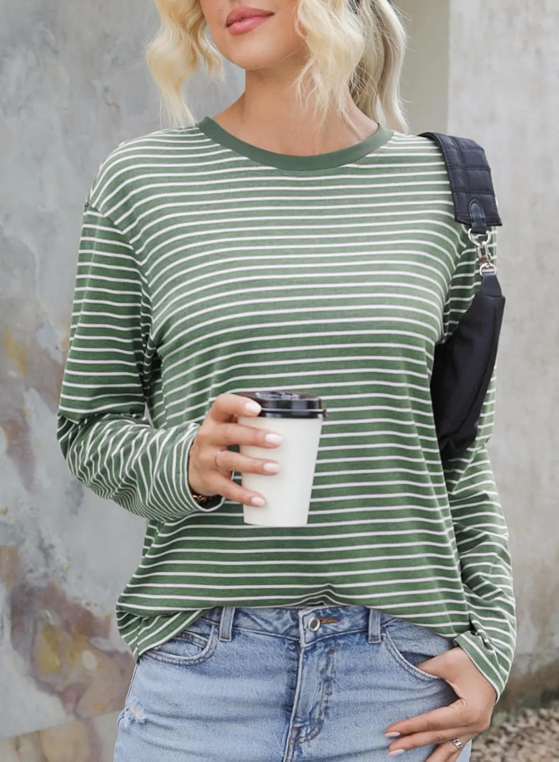Dokotoo Women's Casual Striped Long Sleeve Tops Crew Neck Knit Basic T Shirts