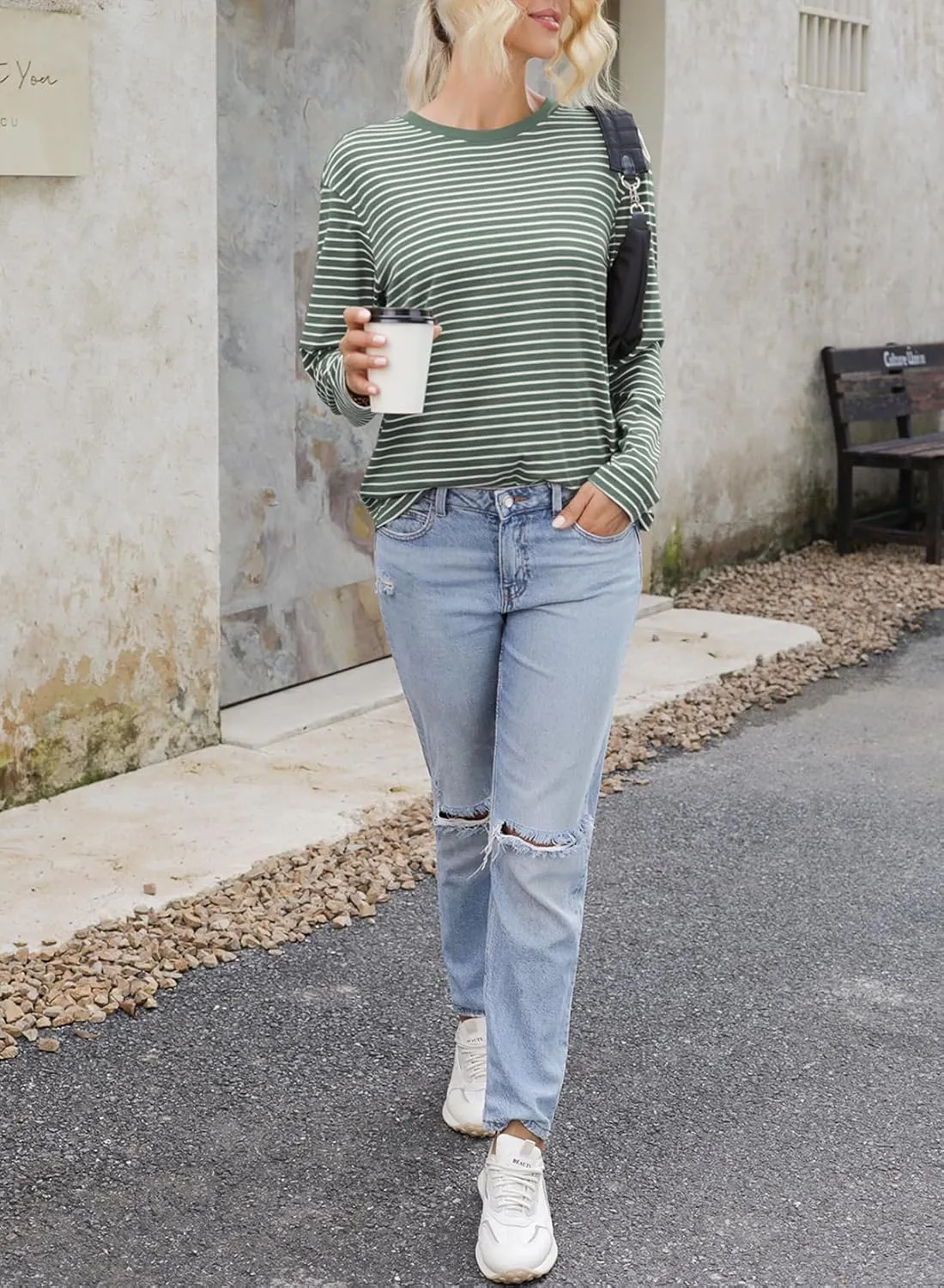 Dokotoo Women's Casual Striped Long Sleeve Tops Crew Neck Knit Basic T Shirts