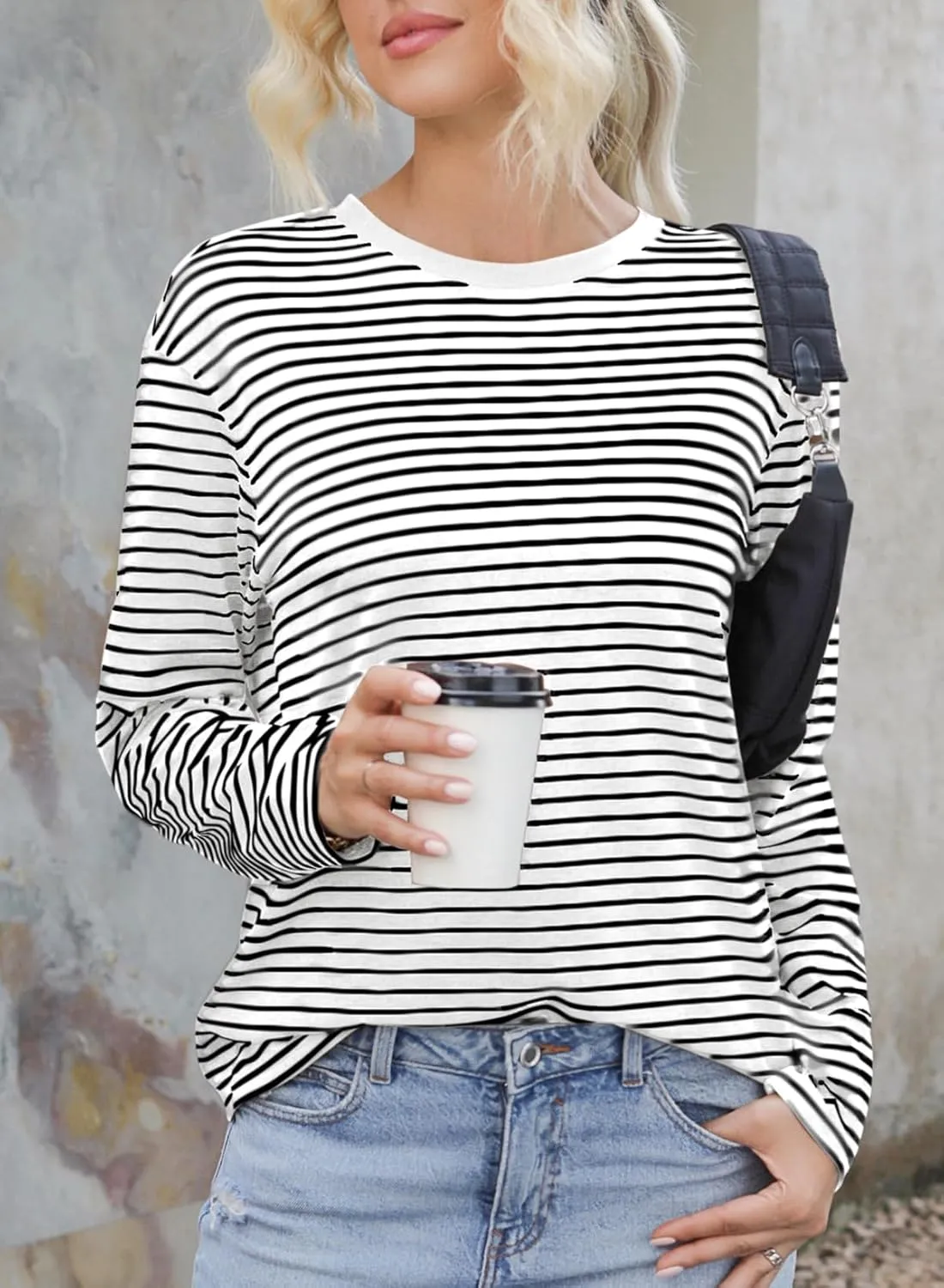 Dokotoo Women's Casual Striped Long Sleeve Tops Crew Neck Knit Basic T Shirts