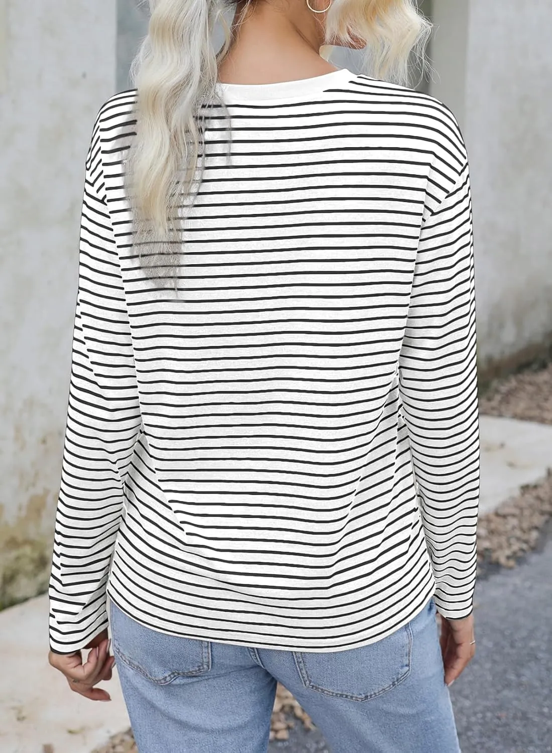 Dokotoo Women's Casual Striped Long Sleeve Tops Crew Neck Knit Basic T Shirts