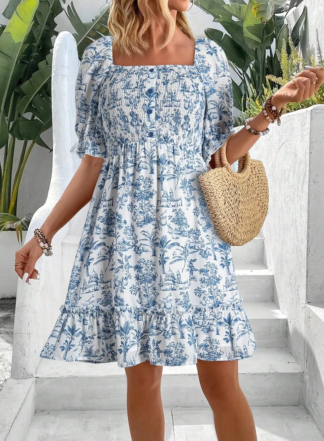 Dokotoo Womens Casual Summer Dresses Short Sleeve Square Neck Smocked Boho Floral Sundress Flowy A-Line Mini Dress