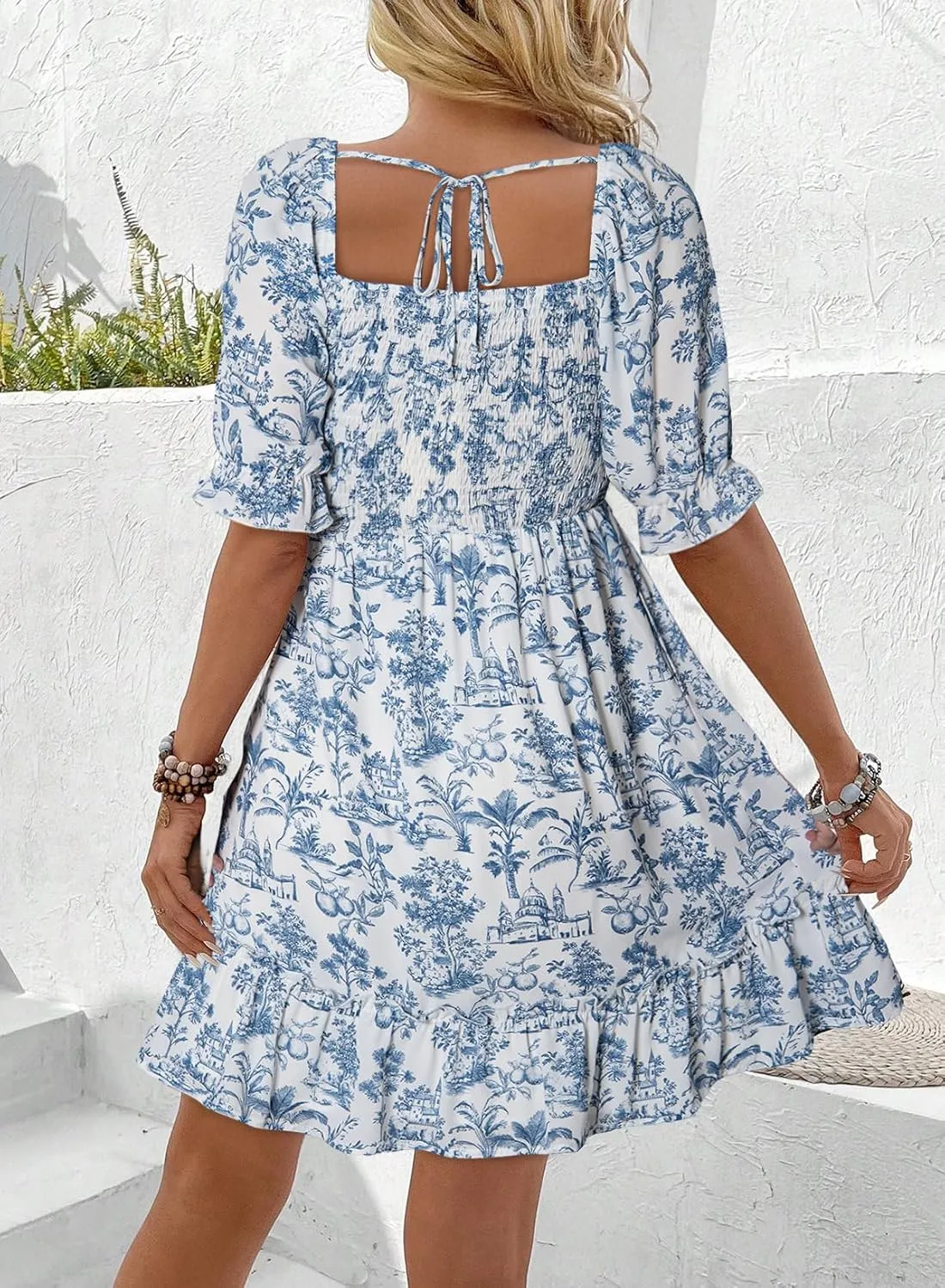 Dokotoo Womens Casual Summer Dresses Short Sleeve Square Neck Smocked Boho Floral Sundress Flowy A-Line Mini Dress