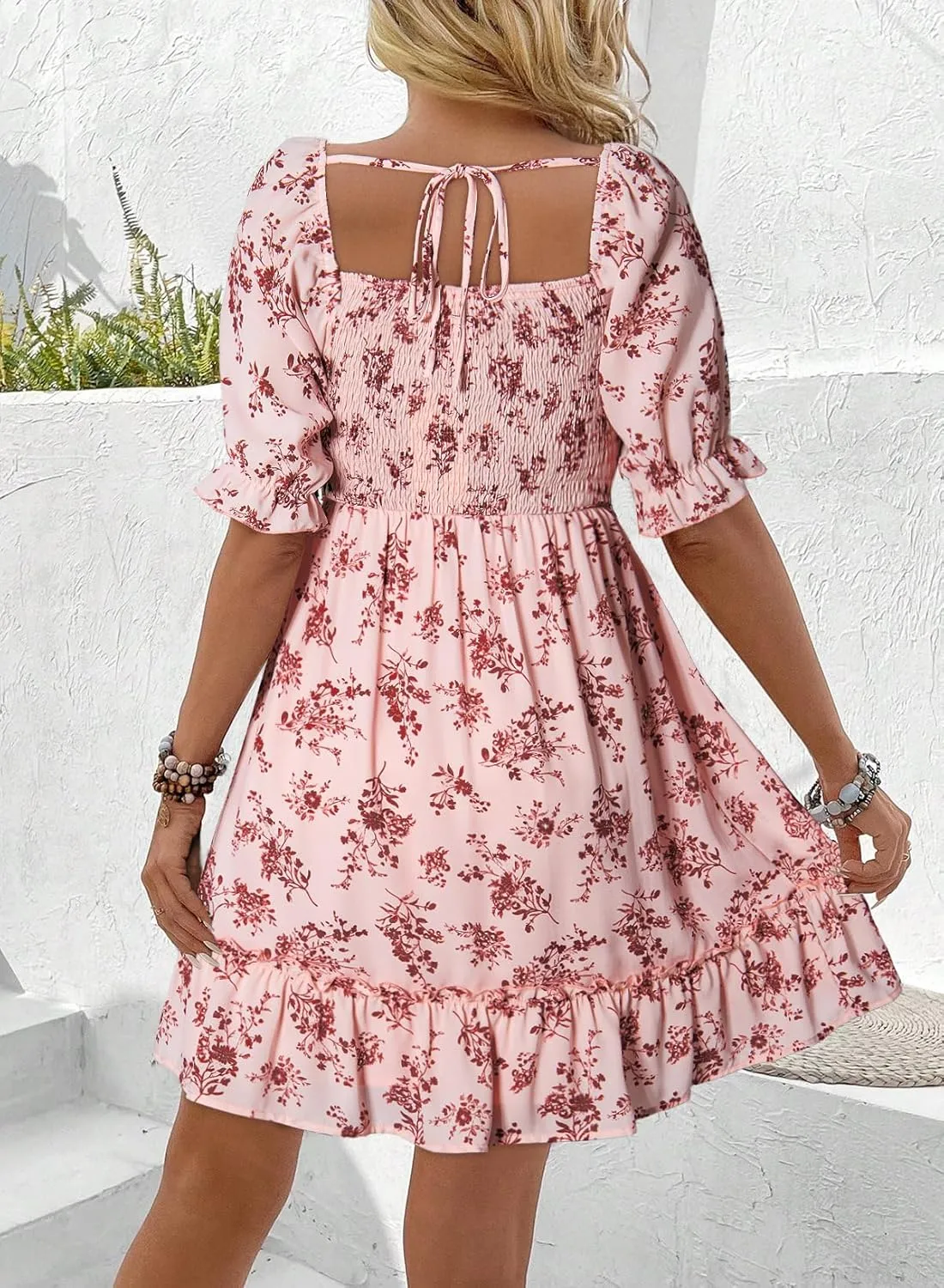 Dokotoo Womens Casual Summer Dresses Short Sleeve Square Neck Smocked Boho Floral Sundress Flowy A-Line Mini Dress