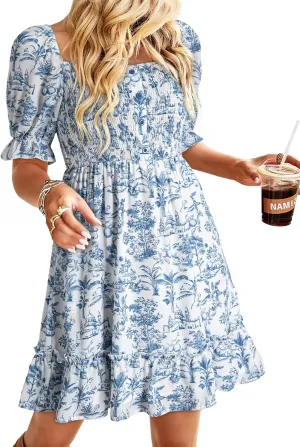 Dokotoo Womens Casual Summer Dresses Short Sleeve Square Neck Smocked Boho Floral Sundress Flowy A-Line Mini Dress